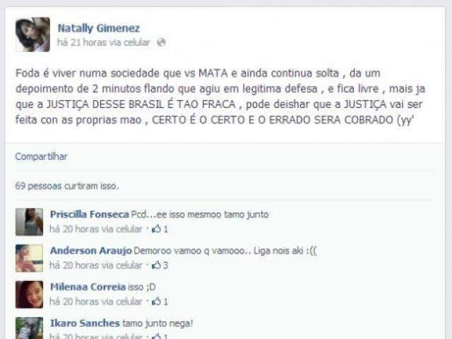 Pelo Facebook, amiga de Luana fala em fazer justi&ccedil;a com as pr&oacute;prias m&atilde;os