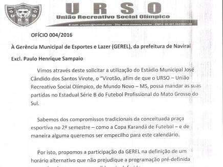 Urso pede a prefeitura de Navira&iacute; para jogar S&eacute;rie B do estadual no Virot&atilde;o