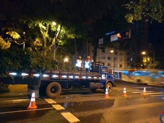 Semadur faz corte de galhos que atrapalhavam visualiza&ccedil;&atilde;o de sem&aacute;foro