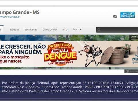 A pedido de Rose, Justi&ccedil;a tira do ar site e perfil em rede social da Prefeitura