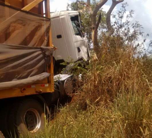 Carreta carregada com 100 toneladas de cana sai da pista e bate em &aacute;rvore