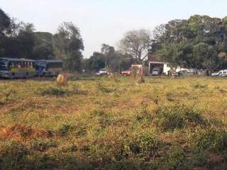 Viaturas e ônibus na fazenda Água Branca, que foi invadida ontem em Aquidauana.  (Foto: Direto das Ruas)
