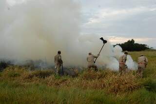 Militares combatem focos de incêndio na fazenda da Embrapa. (Foto: Simão Nogueira)