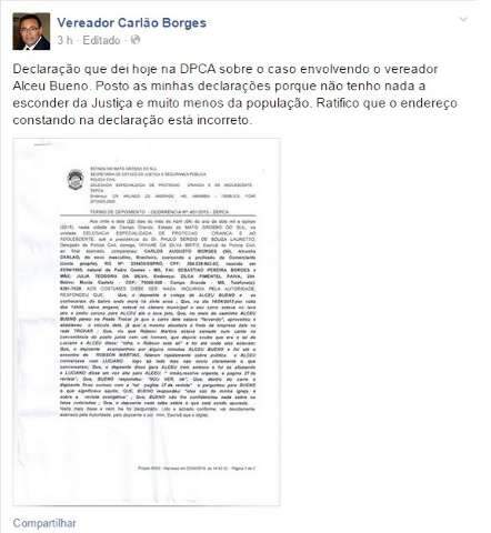 Ap&oacute;s ir a pol&iacute;cia, vereador posta depoimento sobre esc&acirc;ndalo no Facebook
