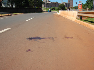 Marca de sangue no local onde homem foi atropelado, na Ernesto Geisel. (Foto: Marlon Ganassin)