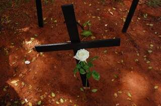 Nos últimos 12 meses, 34 mulheres perderam a vida em Mato Grosso do Sul: cruzes durante protesto simbolizaram as vítimas  (Foto: Paulo Francis)