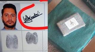 Assinatura de Minotauro, com os três pontinhos usados por maçons, em identidade falsa ao lado de tablete de cocaína (Foto: Reprodução/Hoy)