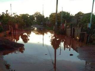 Rua Rubens Francisco, no bairro Santa Mônica, ficou alagada após precipitações (Foto: Direto das Ruas)