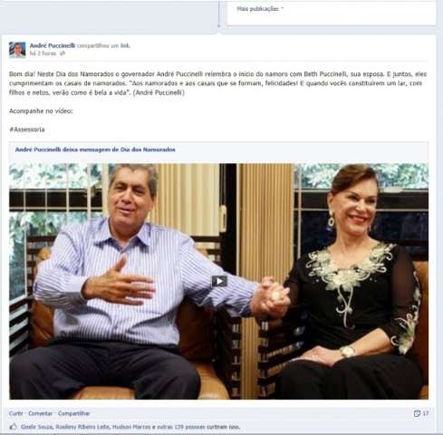 Ao lado da esposa, governador manda mensagem aos apaixonados via Facebook