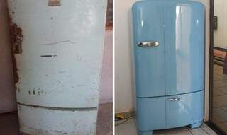 A geladeira encontrada em Ladário e depois, já reformada na casa da família. 