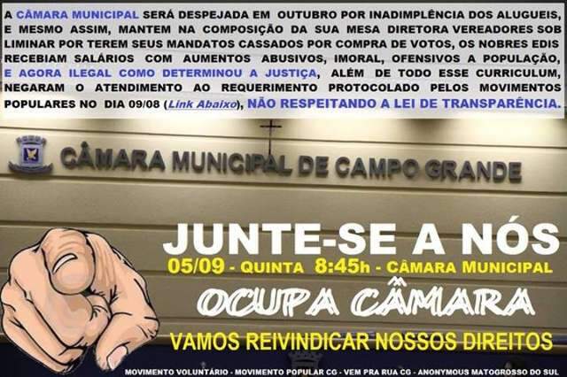 Grupo confirma presen&ccedil;a na ocupa&ccedil;&atilde;o da C&acirc;mara Municipal