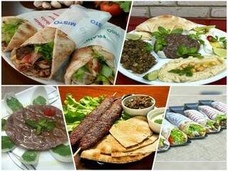 Shawarma, kibe cru prato completo, prato de kafta e porções individuais.