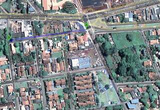 Avenida foi interrompida pela ocupação irregular no ponto A e continua após a rua Antônio Bicudo (Foto: Reprodução/Google Maps)