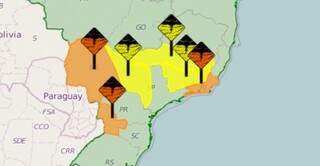 Inmet fez alertas de chuvas intensas para MS e outros Estados, sendo a faixa alaranjada a região mais chuvosa hoje (Foto: Reprodução/Inmet)