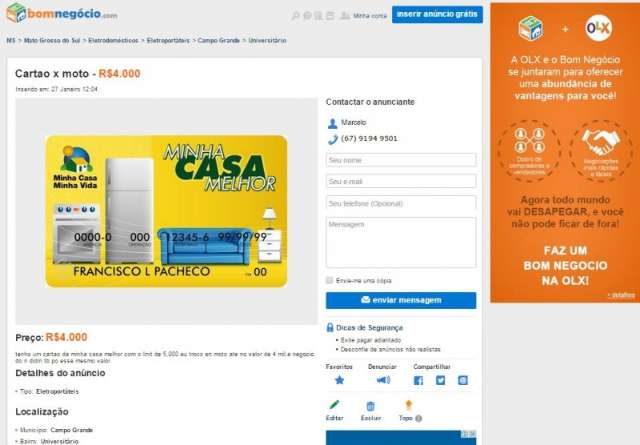 Homem anuncia troca de Cart&atilde;o Minha Casa Melhor por moto em site de neg&oacute;cios