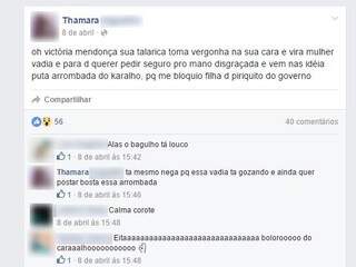 Em uma das postagens, suspeita xinga Victoria. (Foto: Reprodução/ Facebook)