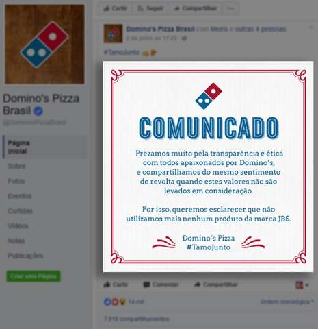 Rede de pizzarias, com loja na Capital, anuncia boicote aos produtos da JBS