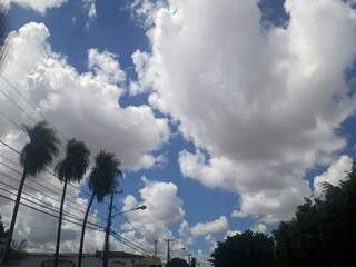 Céu em Campo Grande, com sol entre nuvens, na tarde de hoje (13). Sensação térmica de 36,1ºC. (Foto: Saul Schramm)