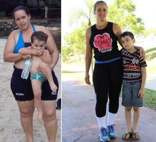 Na companhia do filho, Marta, antes com 105 kg e, agora, com 72. (Foto: Arquivo Pessoal/Marcos Ermínio)