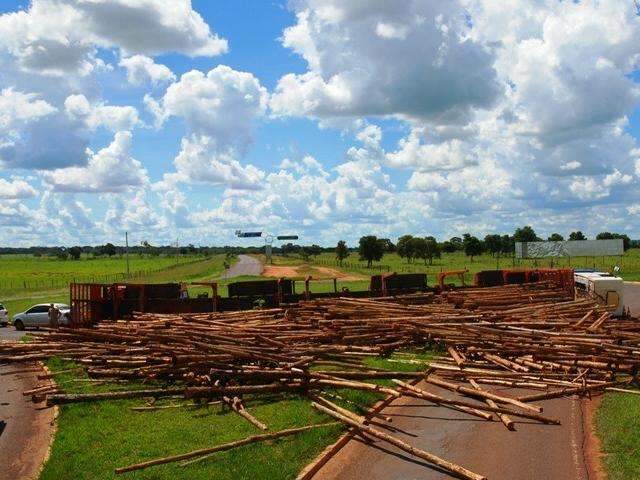 Carreta tomba e carga de eucalipto interdita parte do tr&aacute;fego em rodovia