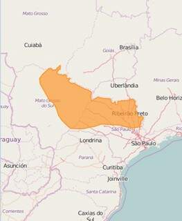 Em laranja, área do Estado que está sob alerta por conta da umidade baixa (Reprodução/Inmet)
