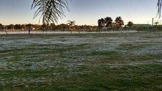 Gramado em parque de Dourados amanheceu com camada de gelo. (Foto: Hélio de Freitas)