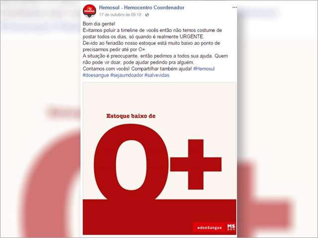 Com baixas nos estoques, Hemosul apela &agrave;s redes sociais para acionar doadores 