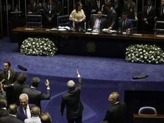 Confusão dos senadores durante a sessão desta noite. (Foto:Fabio Rodrigues Pozzebom/Agência Brasil) 