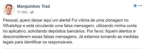 Com &lsquo;clone&rsquo; do Whats de Marquinhos, golpista fez 3 v&iacute;timas e levou R$ 12 mil