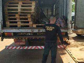 Policial do DOF observa carga de caminhão-baú apreendido hoje em Dourados (Foto: Adilson Domingos)