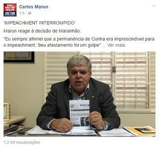 Deputado Carlos Marun usa página no Facebook para demonstrar revolta com a decisão do presidente da Câmara Waldir Maranhão, que anulou a sessão do impeachment. (Foto: Reprodução Facebook)