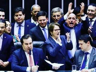 Tereza Cristina –em pé ao lado do presidente da Câmara, Rodrigo Maia– retomou mandato na Casa para ajudar na aprovação da reforma. (Foto: Luís Macedo/Câmara dos Deputados)