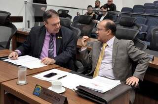Deputados Paulo Siufi (MDB) e José Carlos Barbosa (DEM), durante a sessão (Foto: Luciana Nassar/ALMS)