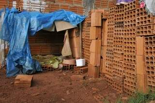 Na residência em que Bolt estava, a dona improvisou casinha com lona, mas comprou tijolos para construir uma nova para o cão que teria chegado mal cuidado (Foto: Alcides Neto)