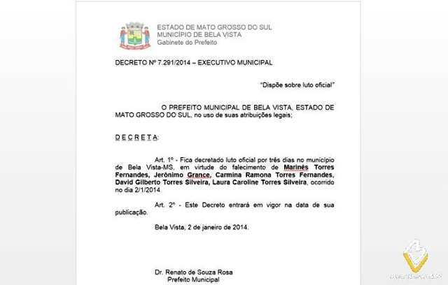Prefeito de Bela Vista decreta luto por v&iacute;timas de acidente na BR-060