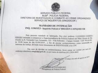 Intimação enviada a uma das testemunhas convocadas para depoimento à PF: informações, só com Brasília (Foto: Silvia Frias)
