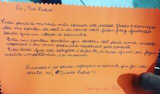 Carta escrita pela futura mamãe, mas com as palavras de Lívia para tio Dindo Pedro. (Foto: Arquivo Pessoal)