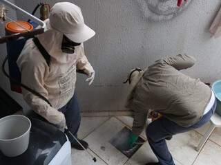 Equipe do CCZ aplica veneno em ralos de casa no Jardim Panamá (Foto: Silas Lima)