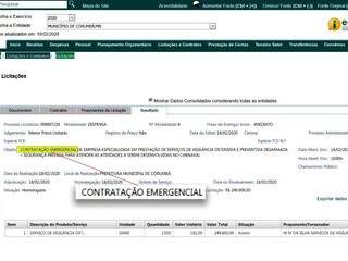 No Portal da Transparência da Prefeitura de Corumbá, contratação da empresa consta como emergencial (Foto: Reprodução)