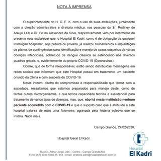 Nota atribuída ao El Kadri; no texto, hospital nega estar tratando de paciente com coronavírus (Foto: Reprodução) 