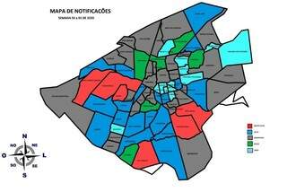 Mapa e notificações da Secretaria de Saúde de Campo Grande mostra bairros (azul claro) com notificação zero. 