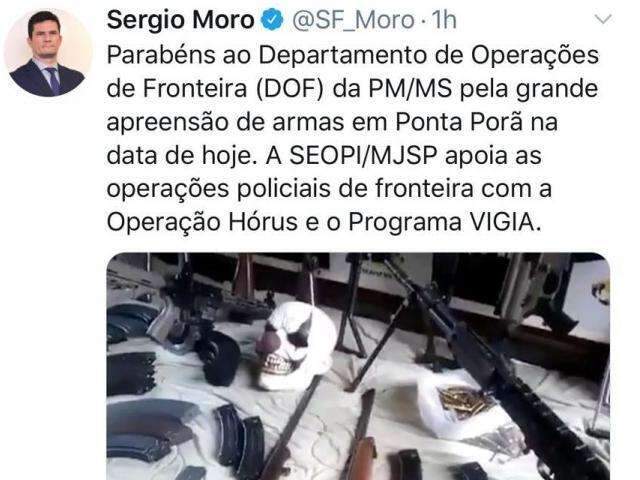 No twitter, S&eacute;rgio Moro parabeniza DOF por apreens&atilde;o de arsenal de guerra 