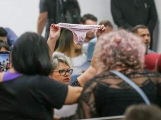 Mulher segura calcinha durante protesto na Assembleia. (Foto: Marcos Maluf)