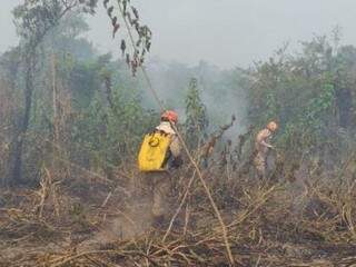 Militares que atuam no combate aos focos de incêndio na região. (Foto: Divulgação/Corpo de Bombeiros) 