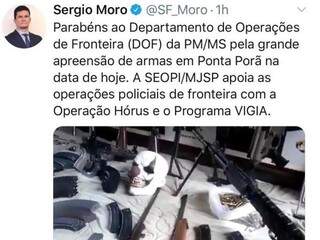 No twitter, S&eacute;rgio Moro parabeniza DOF por apreens&atilde;o de arsenal de guerra 