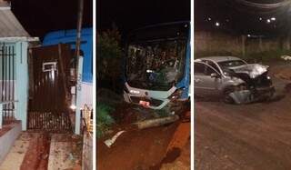 Na parte externa, imagem de ontem à noite, do carro e do ônibus danificados. (Foto: Direto das Ruas) 