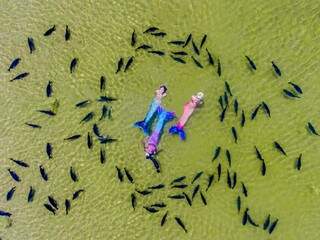 As sereias rodeadas de peixes em um dos rios de Bonito. (Foto: Luiz Felipe Mendes)