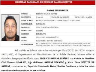 Identidade paraguaia de Ederson Salinas Benitez  anexada ao processo aberto no Brasil, após briga de trânsito (Foto/Reprodução)