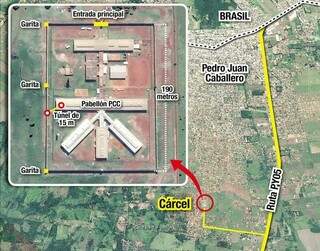 Mapa mostra a estrutura da Penitenciária de Pedro Juan e possíveis rotas de fuga dos presos do PCC (Imagem: Divulgação)