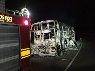 Ônibus é destruído por incêndio na BR-262, em Três Lagoas. (Foto: Divulgação/Bombeiros)